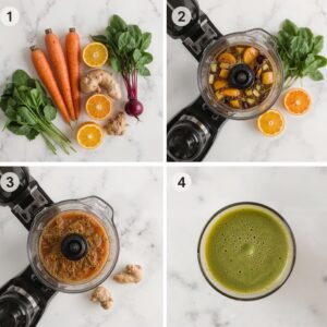 Step by step preparation of a 24 hour detox juice using fresh carrots, spinach, beetroot, ginger, and oranges in a blender.