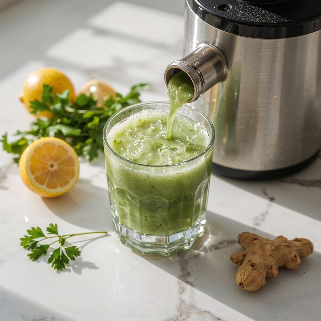 Fresh green detox juice with lemon, ginger, and parsley for a 7 Day Body Detox Cleanse Leafy Reset  .