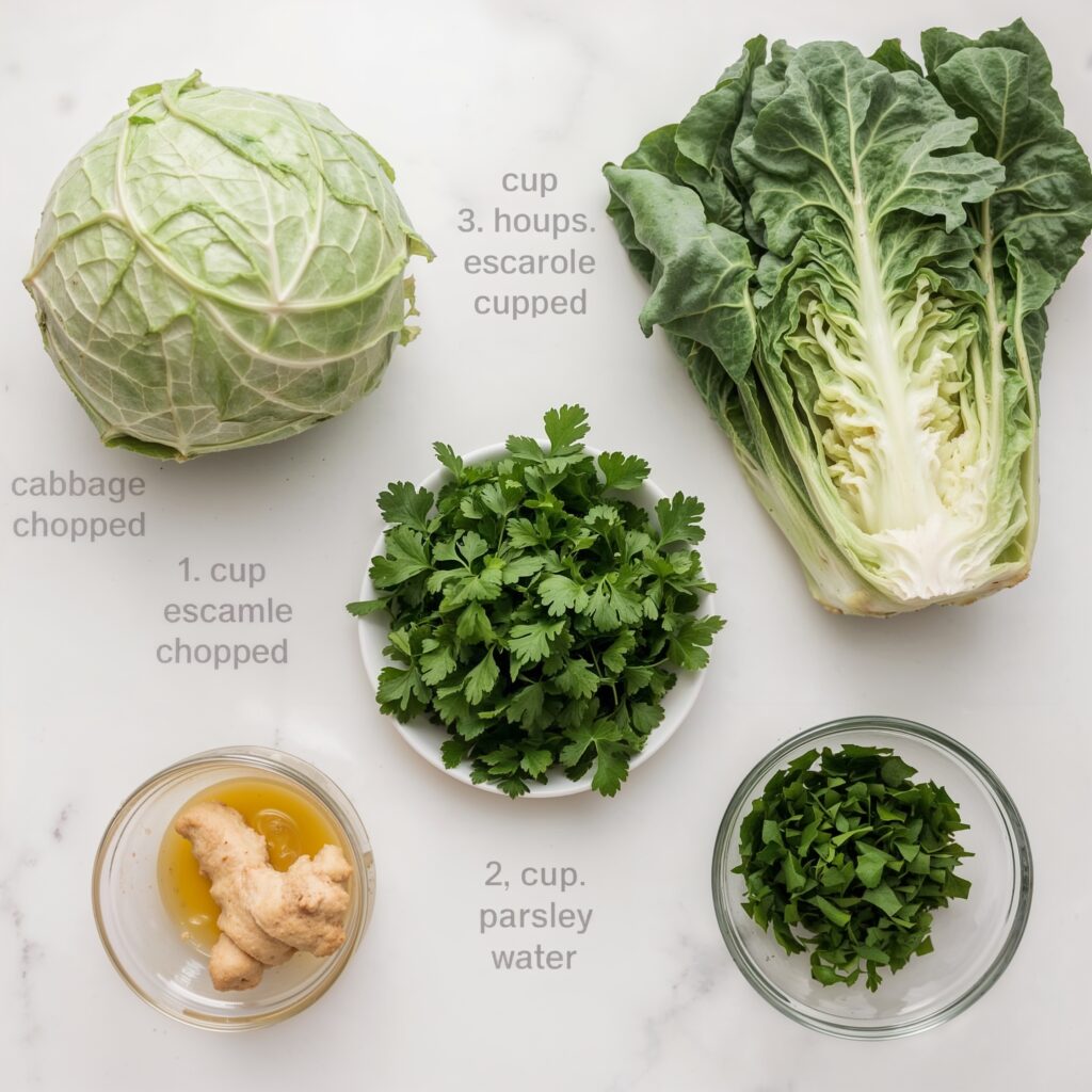 Detox ingredients for 7 Day Body Detox Cleanse Leafy Reset , including cabbage, escarole, parsley, and ginger.