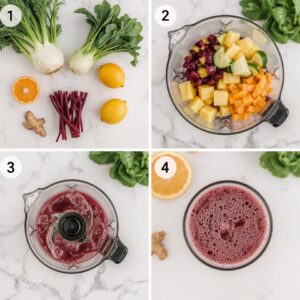 Step by step preparation of ingredients and blending process for the best detox juice cleanse with beets, fennel, pineapple, and citrus