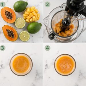 Step-by-step process of making Parasite Detox Juice with Papaya and Pineapple using lime and a slow juicer.