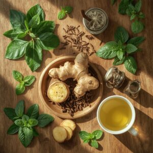 A close-up view of various Detox Tea Cleanse ingredients such as senna leaves, dandelion root, ginger, peppermint leaves, and green tea, arranged artfully on a wooden surface with natural lighting highlighting their textures and colors.