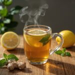 Fresh herbal detox tea in glass cup with mint and lemon