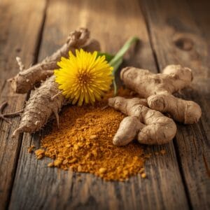 Herbs for liver and kidney detox including dandelion root, milk thistle, turmeric, and ginger.