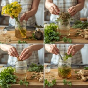 Herbal detox tea preparation for kidney health using dandelion root, ginger, and nettle leaf.