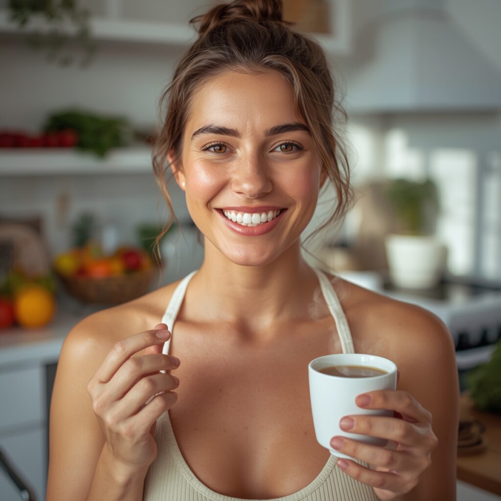 Person enjoying detox tea with visible energy and refreshed appearance.