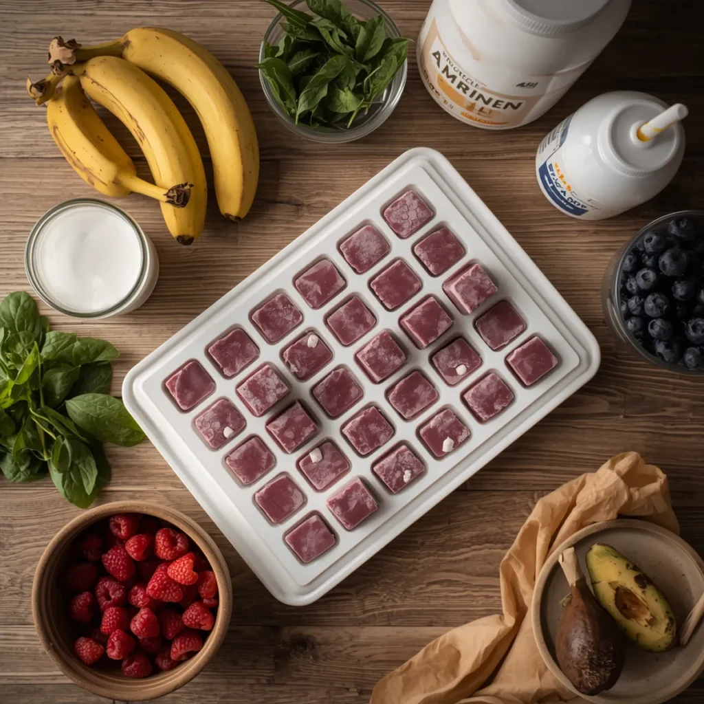 smoothies guide : Frozen smoothie cubes in silicone trays with smoothie ingredients around
