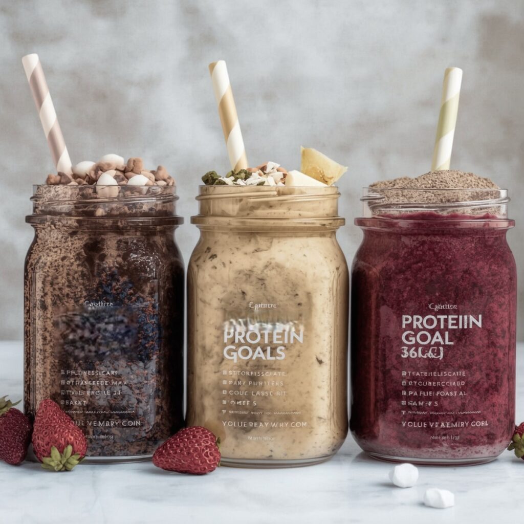 Protein smoothie recipes in labeled jars for muscle gain, fat loss, and endurance