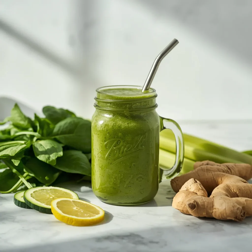 Green detox smoothies guide with spinach, cucumber, lemon, and ginger