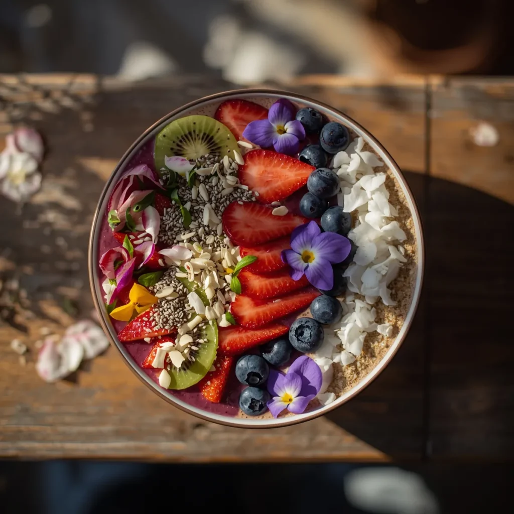 smoothies guide : Colorful smoothie bowl with kiwi, berries, coconut flakes, and edible flowers