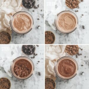 Blender filled with creamy chocolate high protein smoothie base.