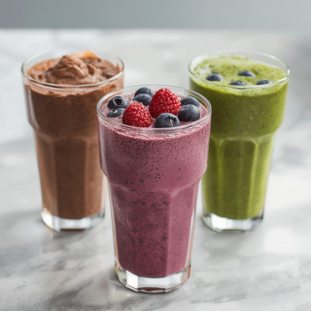 Three colorful protein smoothie recipes: chocolate, berry, and green