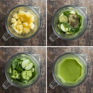 Step-by-step smoothie guide showing pineapple, cucumber, spinach, lime, and powder blended into a green smoothie.