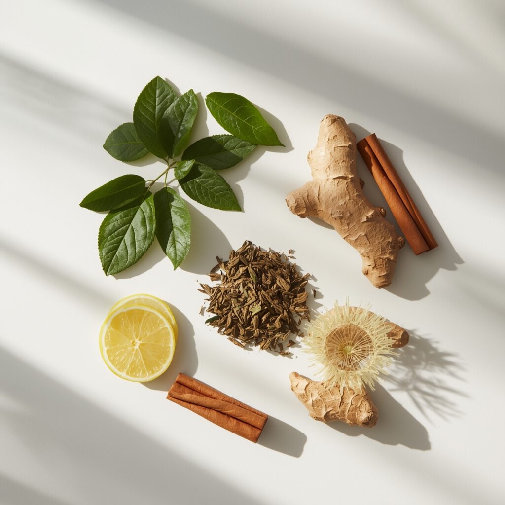 Detox tea wieht loss ingredients like green tea, ginger, cinnamon, and dandelion root for metabolism and fat burning