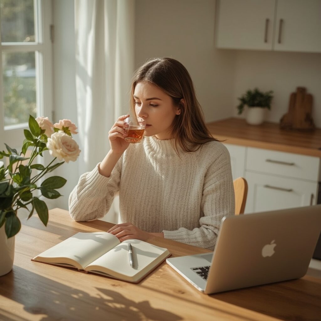 Woman drinking detox tea weight loss daily as part of a healthy weight loss and wellness routine