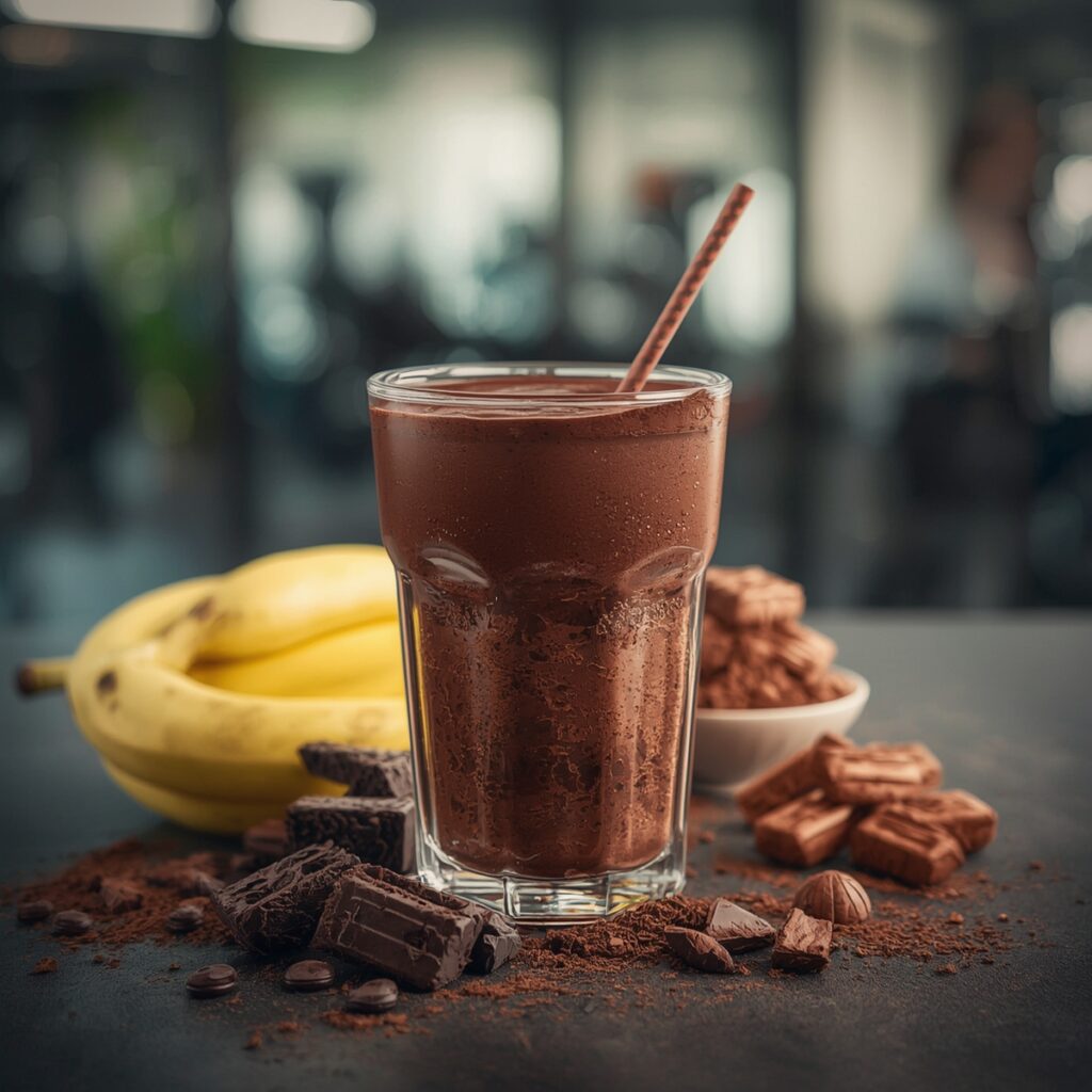 Protein smoothie recipes ingredients including whey, banana, oats, and spinach on wooden table