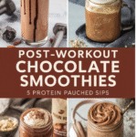 Post-workout chocolate high protein smoothies in jars and glasses.