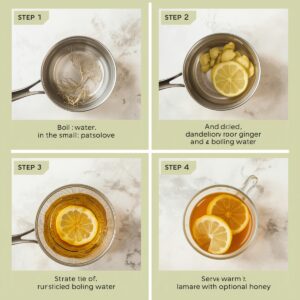 4-step guide to preparing dandelion and ginger detox tea for weight loss, showing boiling water, adding herbs, straining into cups, and serving with lemon and honey.