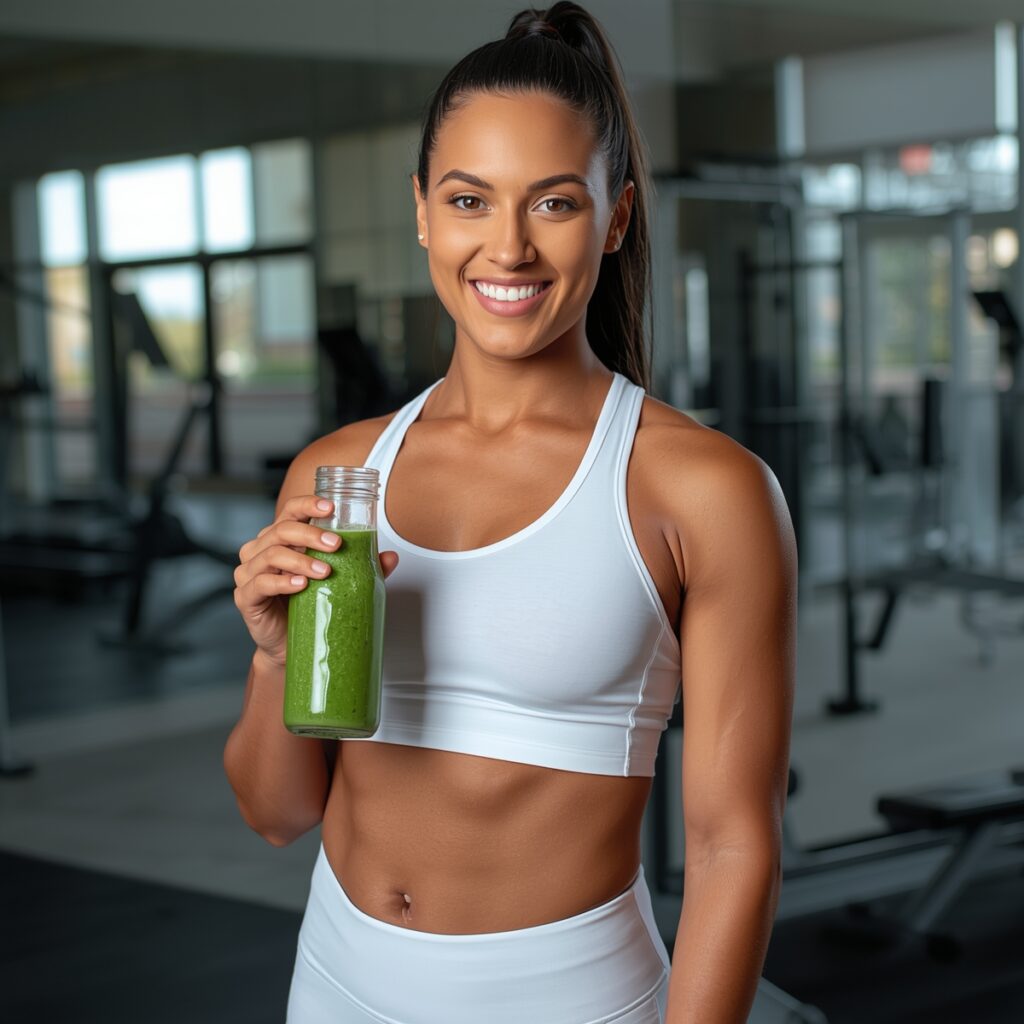 Athlete drinking protein smoothie after workout for muscle recovery