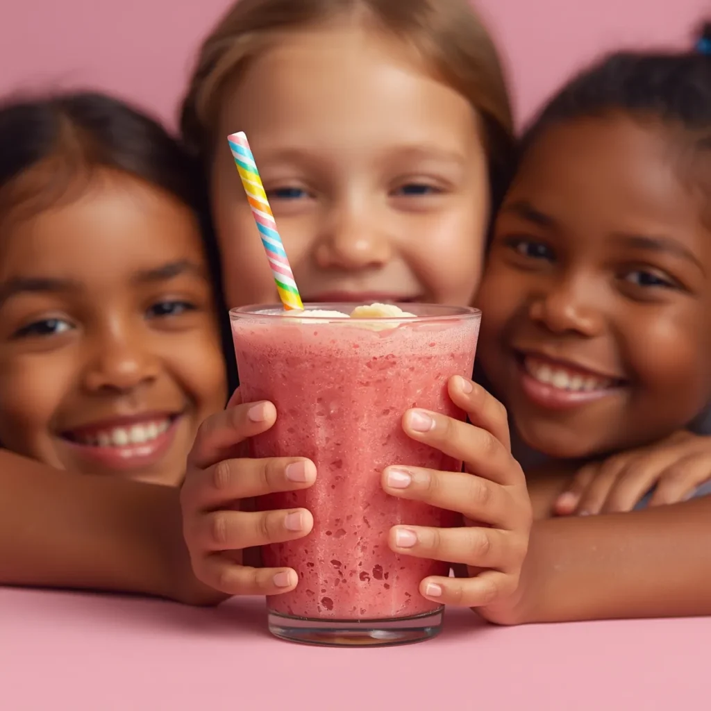 smoothies guide : Kid-friendly pink smoothie with strawberries and banana in a fun cup